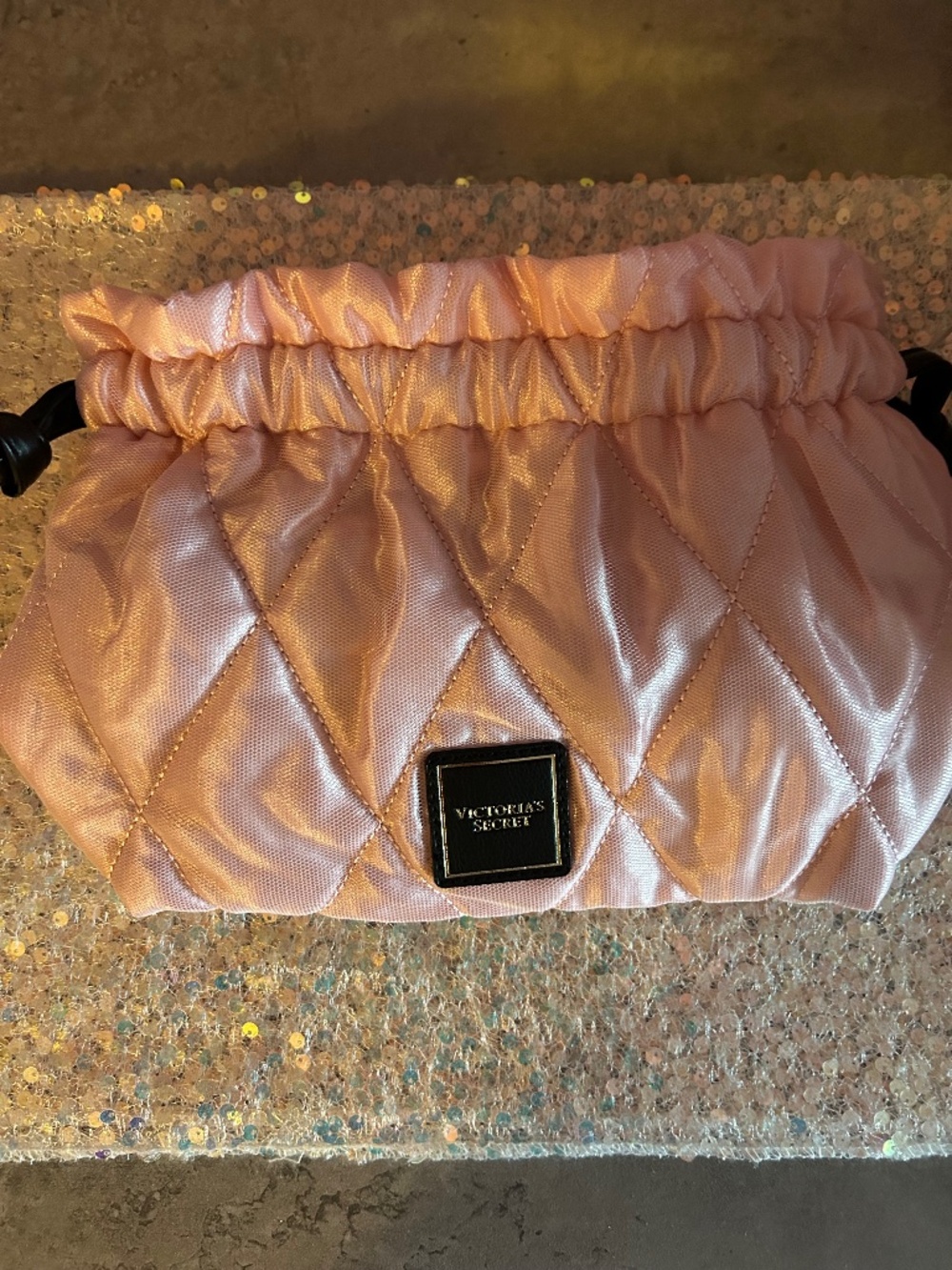VS Light Pink Satin Drawstring Cosmetic Pouch